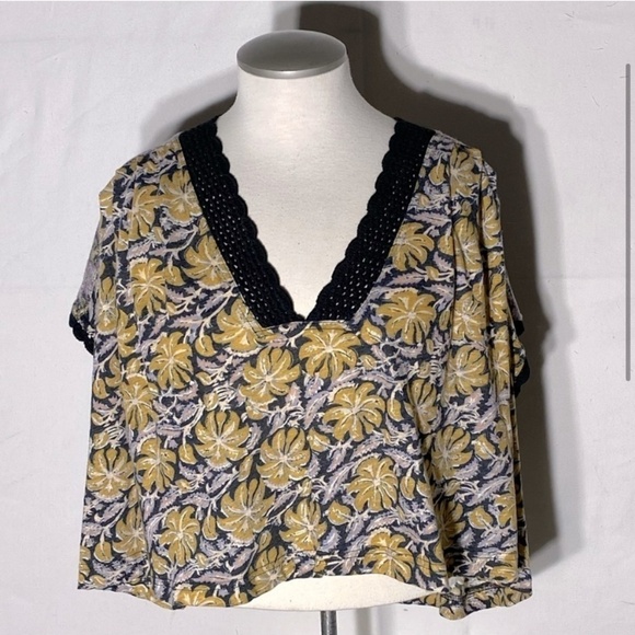 Free People Yellow Floral Leilani Crop With Crochet Lace Trim S - Picture 3 of 13